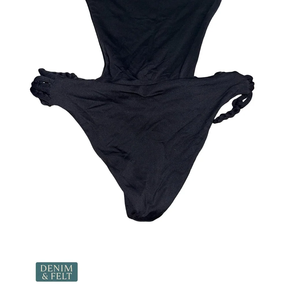 Frankies Bikinis Black Open Back Monokini Halter Swimsuit Braided Sides